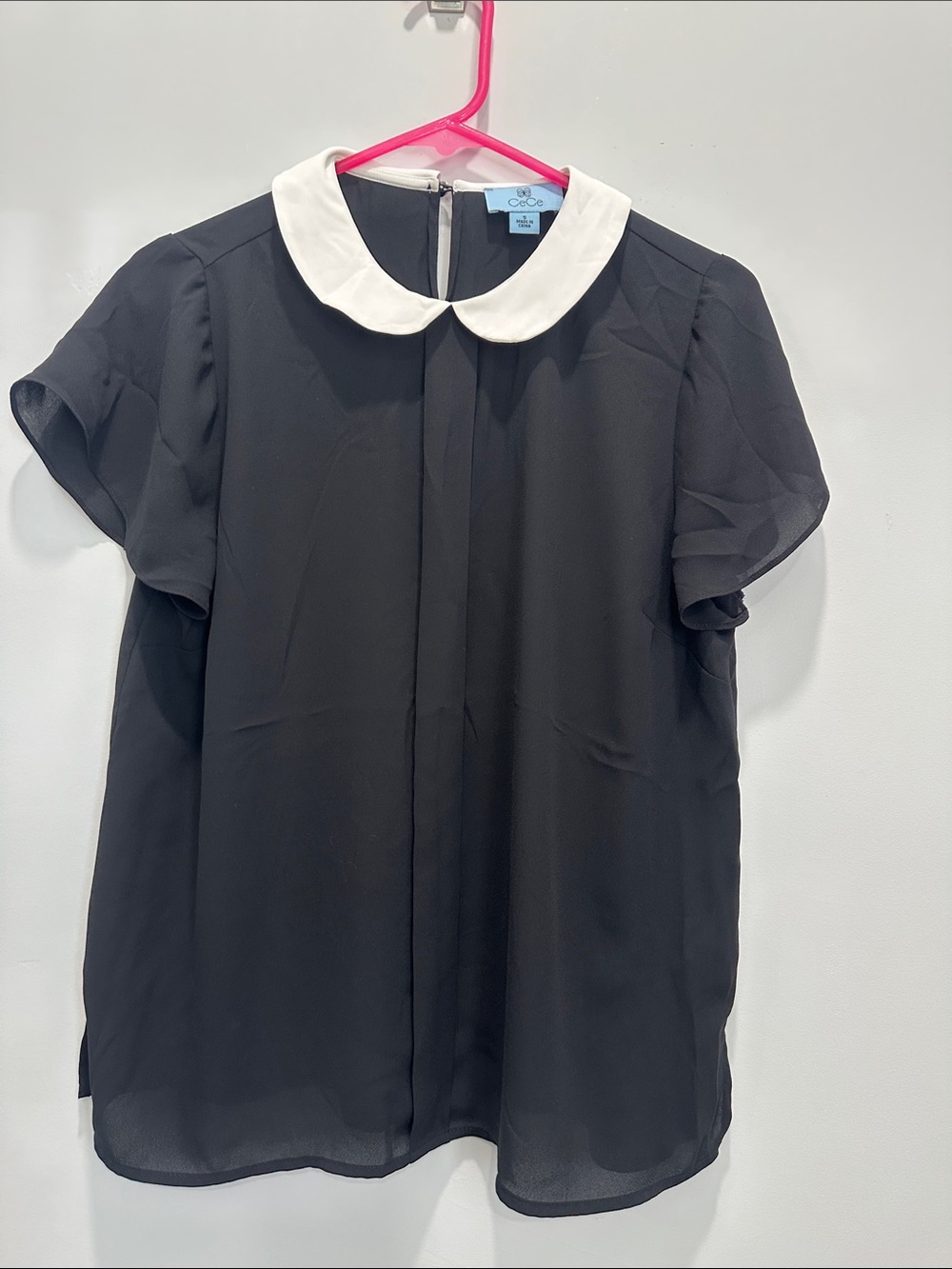CeCe Black Blouse with White Peter Pan Collar
